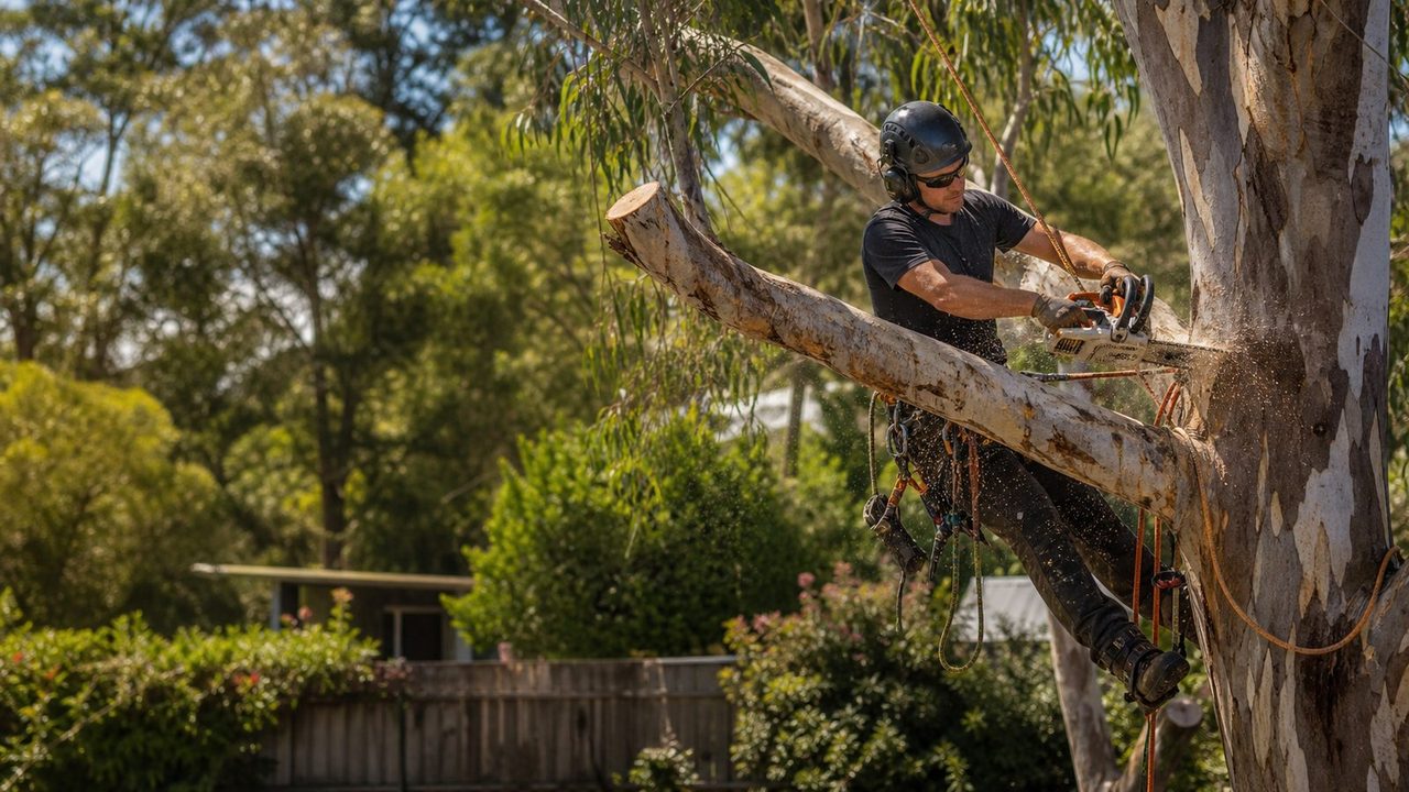 Illustrative arborist among mature branches with a house in the background